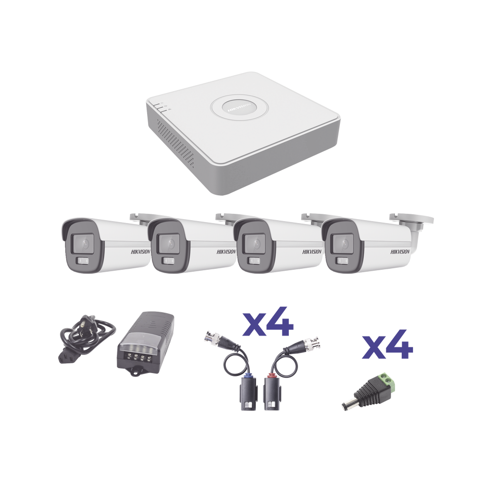 Hikvision Kit de Vigilancia ColorVu KH1080PL4BC de 4 Cámaras Bullet y 4 Canales, con Transceptores, Conectores y Fuente de Poder Profesional