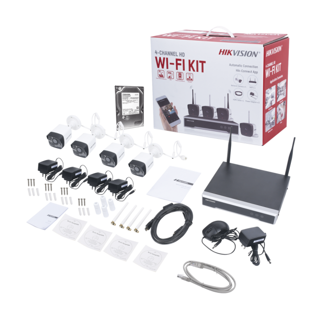 Hikvision Kit de Vigilancia NK42W01TWD de 4 Cámaras IP Bullet y 4 Canales, con Grabadora, Cable HDMI, Disco Duro 1TB, 1 Cable Patch