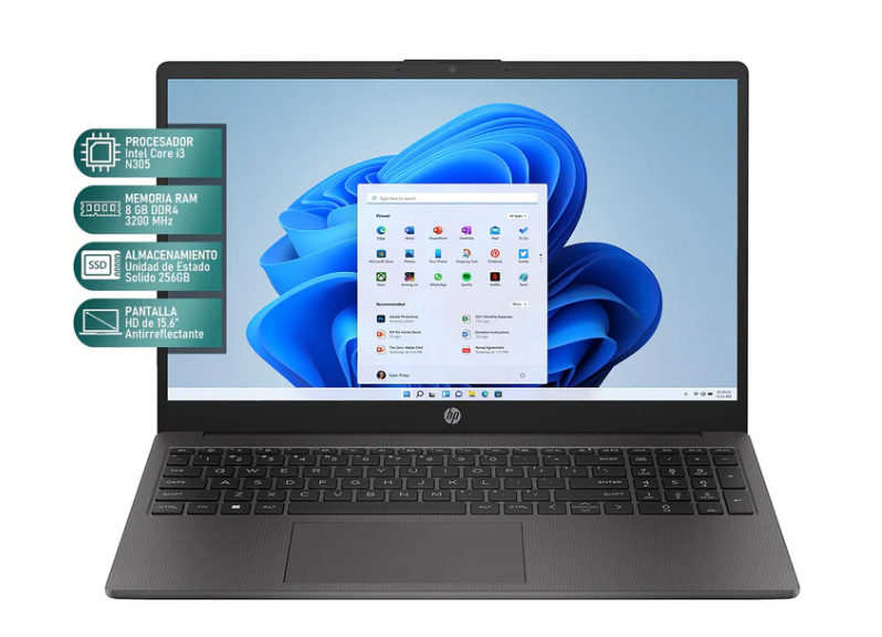 Laptop HP 250 G10, 15.6" 1366x768 HD, Intel Core i3-N305, 8GB, 256GB SSD, Windows 11 Home, Español