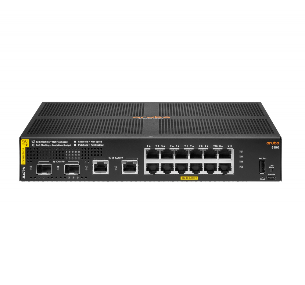 Switch Aruba Gigabit Ethernet 6100, 12 Puertos PoE 10/100/1000Mbps + 2 Puertos SFP+, 68 Gbit/s, 8192 Entradas - Administrable