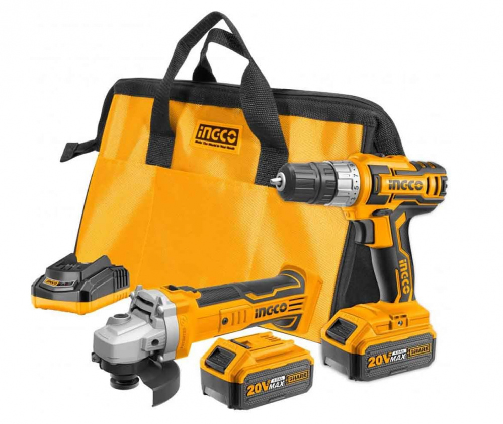 Ingco Mini Esmeriladora Angular UCKLI2009, 20V, 4 1/2", Amarillo ― incluye Taladro Inalámbrico