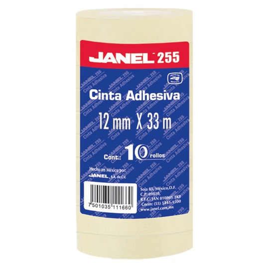Janel Cinta Adhesiva Mod. 255, 10 Rollos de 12mm x 33m, Transparente