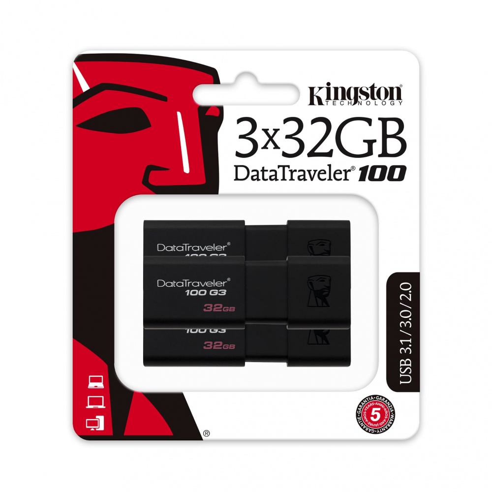 Memoria USB Kingston DataTraveler 100 G3, 32GB, USB 3.0, Lectura 100MB/s, Negro, 3 Piezas