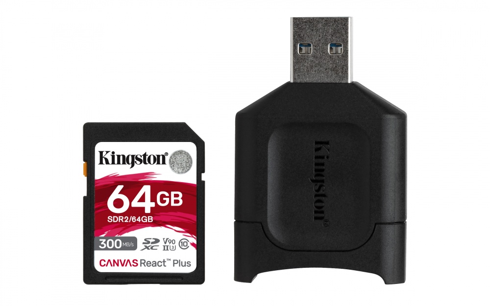 Memoria Flash Kingston Canvas React Plus, 64GB SD UHS-II Clase 10, con Adaptador USB