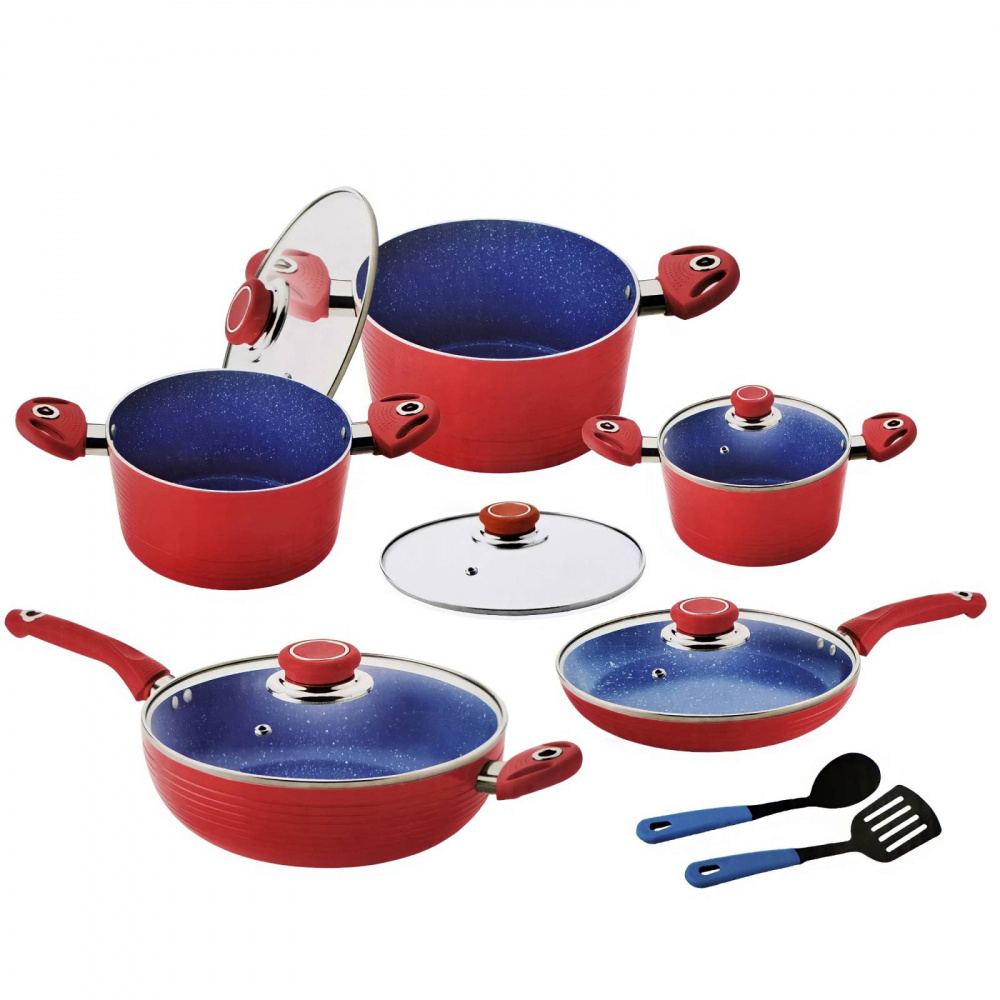 Kuche Batería de Cocina Tulum, Acero Inoxidable, Antiadherente, 12 Piezas, Rojo/Azul