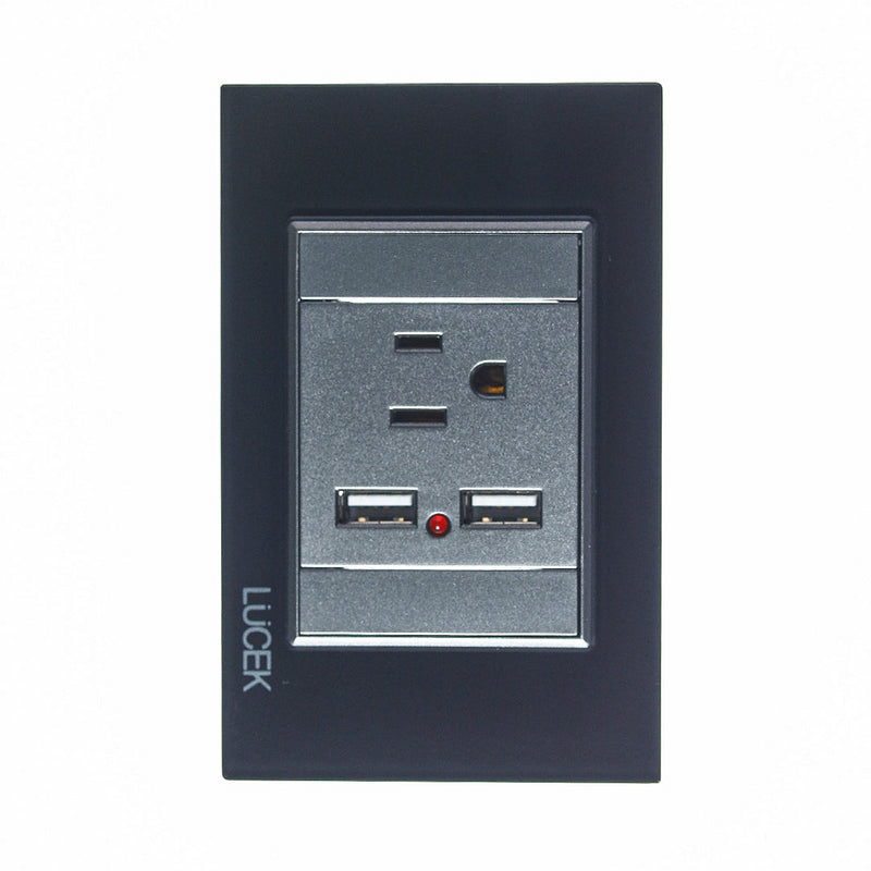 Lucek Tomacorriente BP05-KN, 1 Enchufe + 2x USB-A, 110 - 250V, 15A, Negro/Gris