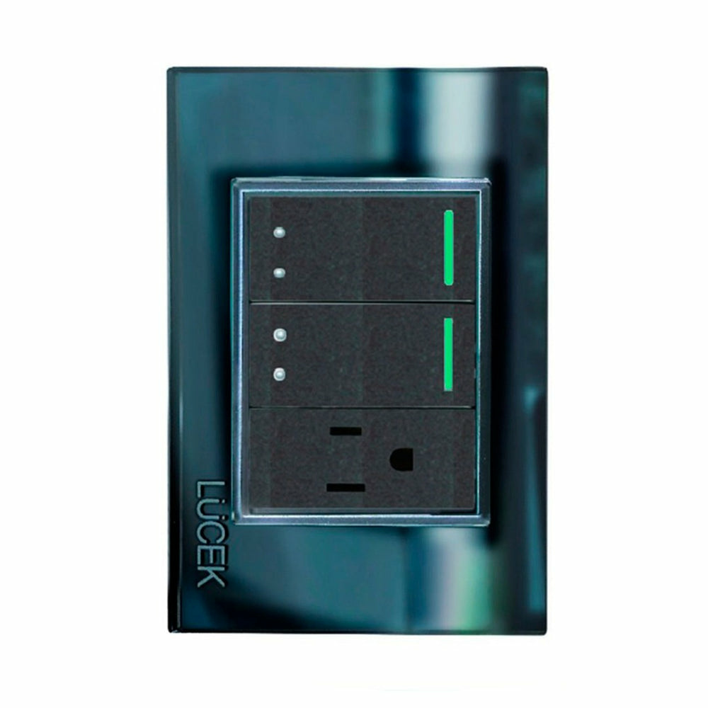 Lucek Tomacorriente BP13-CEN, 1 Enchufe + 2 Apagadores, 110 - 250V, 15A, Espejo Verde