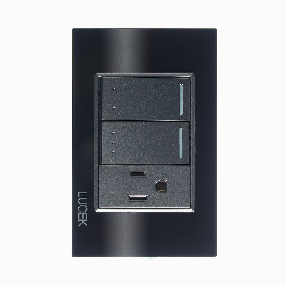 Lucek Tomacorriente BP13-CNN, 1 Enchufe + 2 Apagadores, 110 - 250V, 15A, Cristal Negro