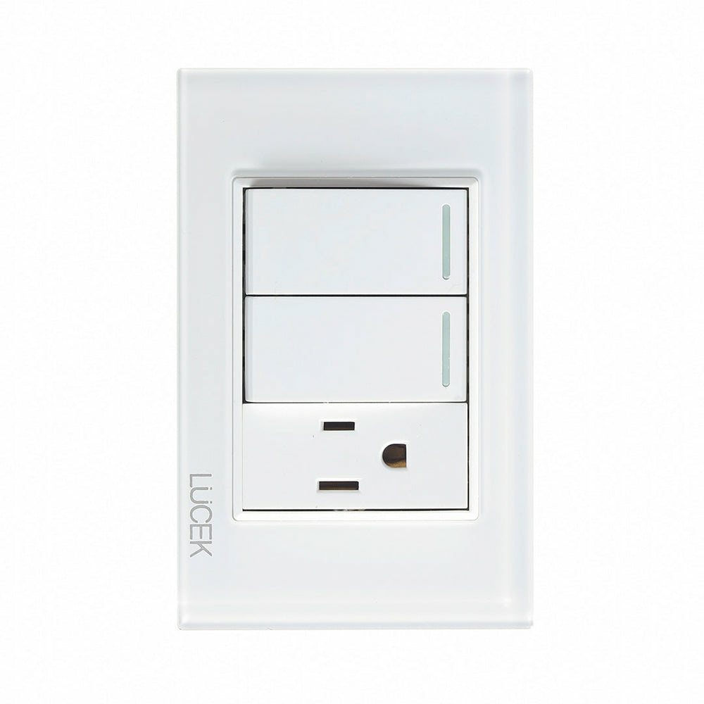 Lucek Tomacorriente BP19-CBB, 1 Enchufe + 2 Apagadores, 110 - 250V, 16A, Cristal Blanco