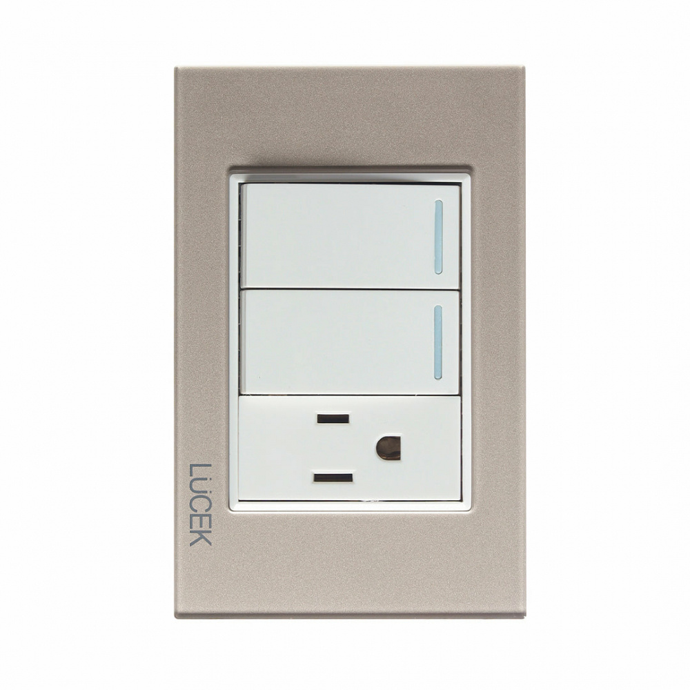 Lucek Tomacorriente BP19-CDM, 1 Enchufe + 2 Apagadores, 110 - 250V, 15A, Oro/Marfil