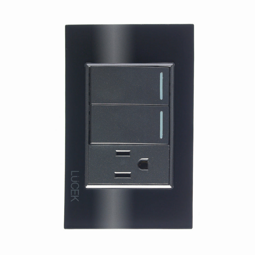 Lucek Tomacorriente BP19-CNN, 1 Enchufe + 2 Apagadores, 110 - 250V, 15A, Cristal Negro