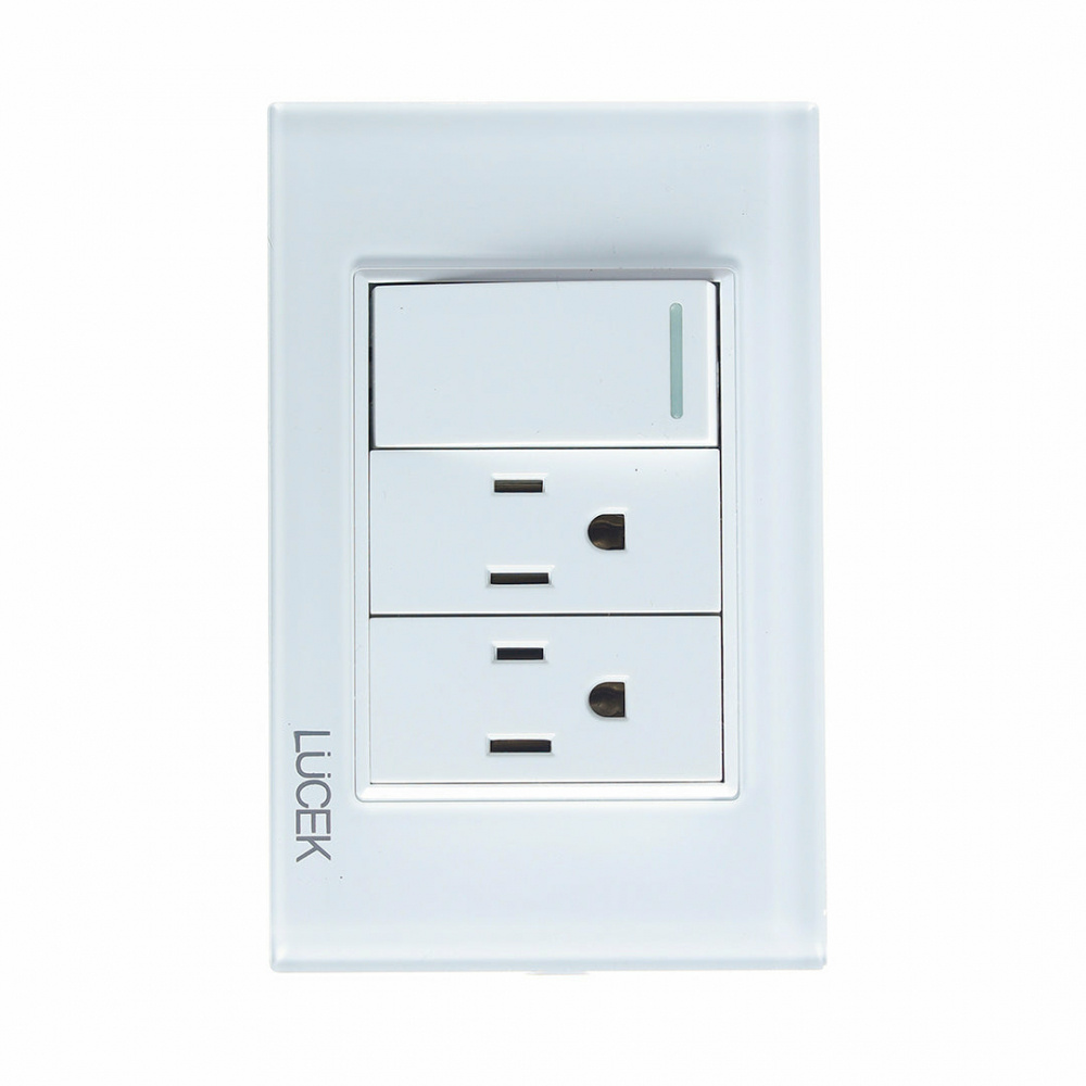 Lucek Tomacorriente BP20-CBB, 2 Enchufes + 1 Apagador, 110 - 250V, 15A, Cristal Blanco