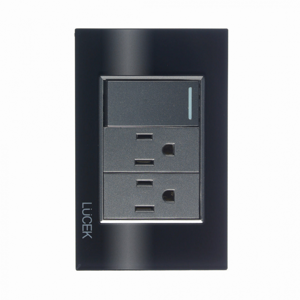 Lucek Tomacorriente BP06-KN, 2 Enchufes + 1 Apagador, 110 - 250V, 15A, Cristal Negro
