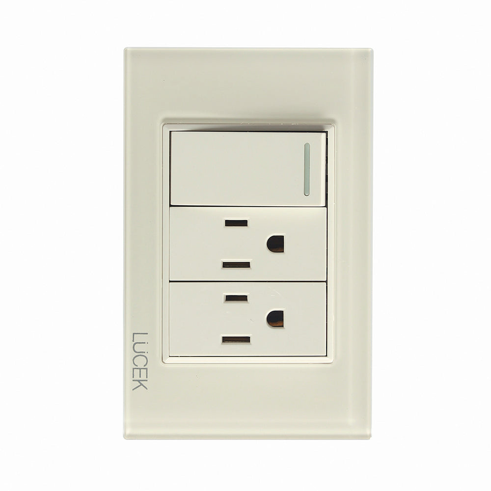Lucek Tomacorriente BP20-KH, 2 Enchufes + 1 Apagador, 110 - 250V, 15A, Marfil
