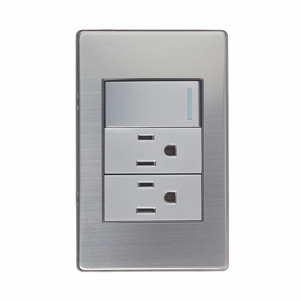 Lucek Tomacorriente BP20-M/P, 2 Enchufes + 1 Apagador, 250V, 16A, Plata