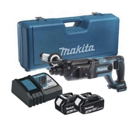 Makita Kit Rotomartillo de Batería con Percusión DHR241RFE, Inalámbrico, 18V, Azul/Negro ― incluye 2 Baterías 3Ah, Cargador y Maletín