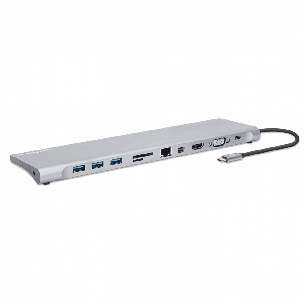 Manhattan Docking Station USB C - 3x USB 3.0, 1x USB C, 1x HDMI, 1x VGA, 1x Mini DisplayPort, 1x RJ-45, 1x SD Hembra, 5000 Mbit/s, Gris