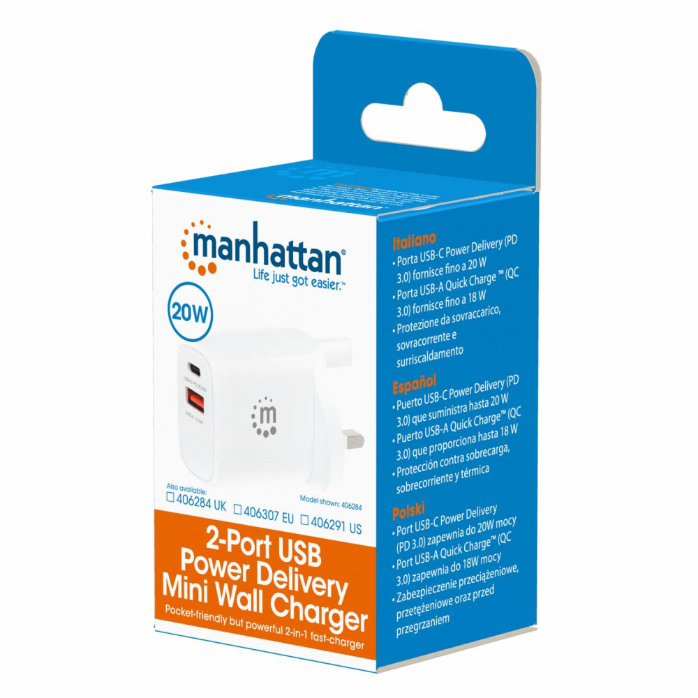Manhattan Cargador de Pared, 20W, 1x USB 3.0, 1x USB C, Blanco