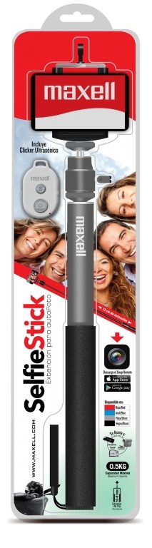 Maxell Selfie Stick Retractil Aluminio, 75cm, Negro/Plata