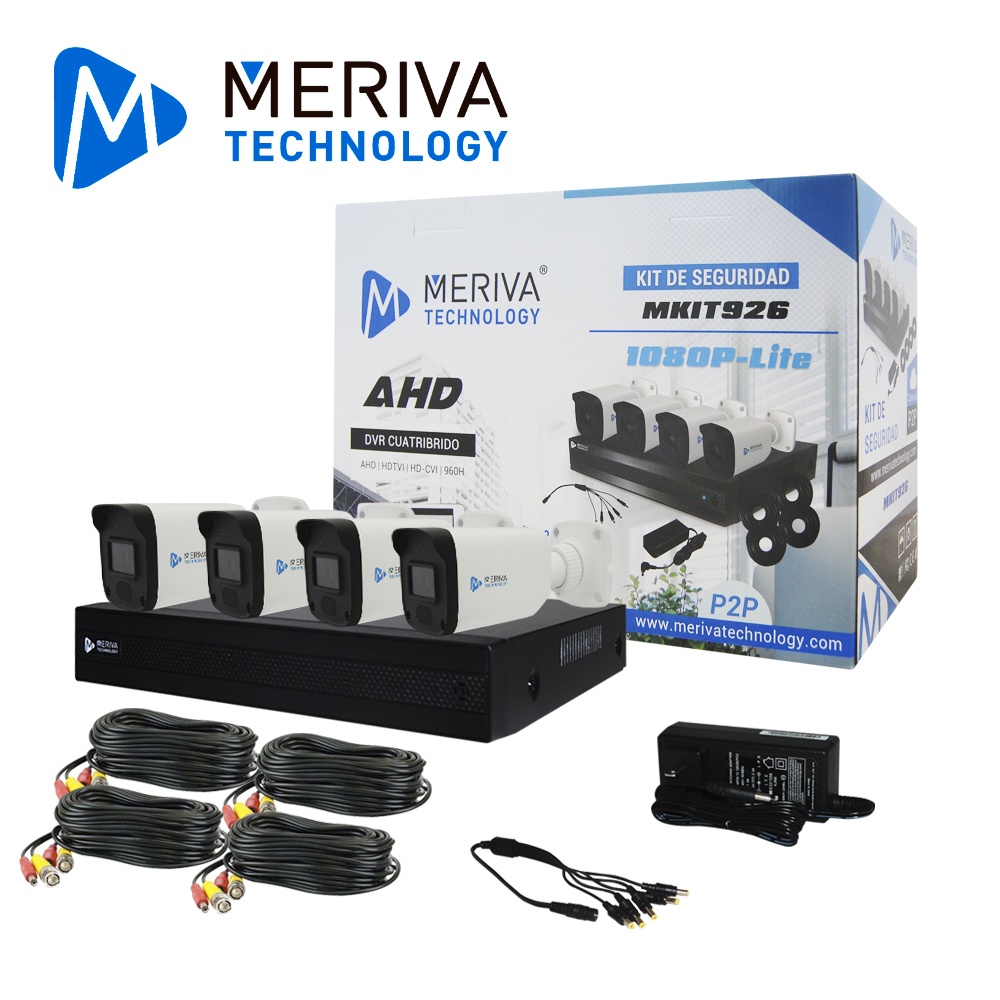 Meriva Technology Kit de Vigilancia MKIT926 de 4 Cámaras CCTV Bullet MSC-207Lite y 4 Canales, con Cables, Fuente de Poder y Distribuidor de Energía