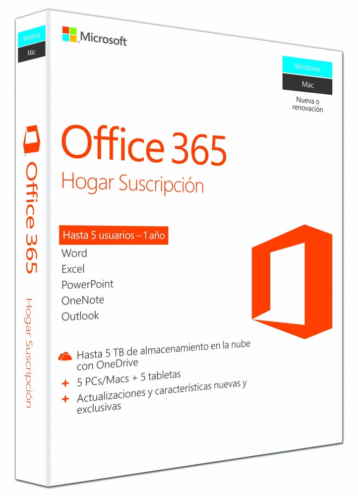 Microsoft Office 365 Hogar Premium Español, 32/64-bit, 5 Usuarios, 1 Año, para Windows/Mac