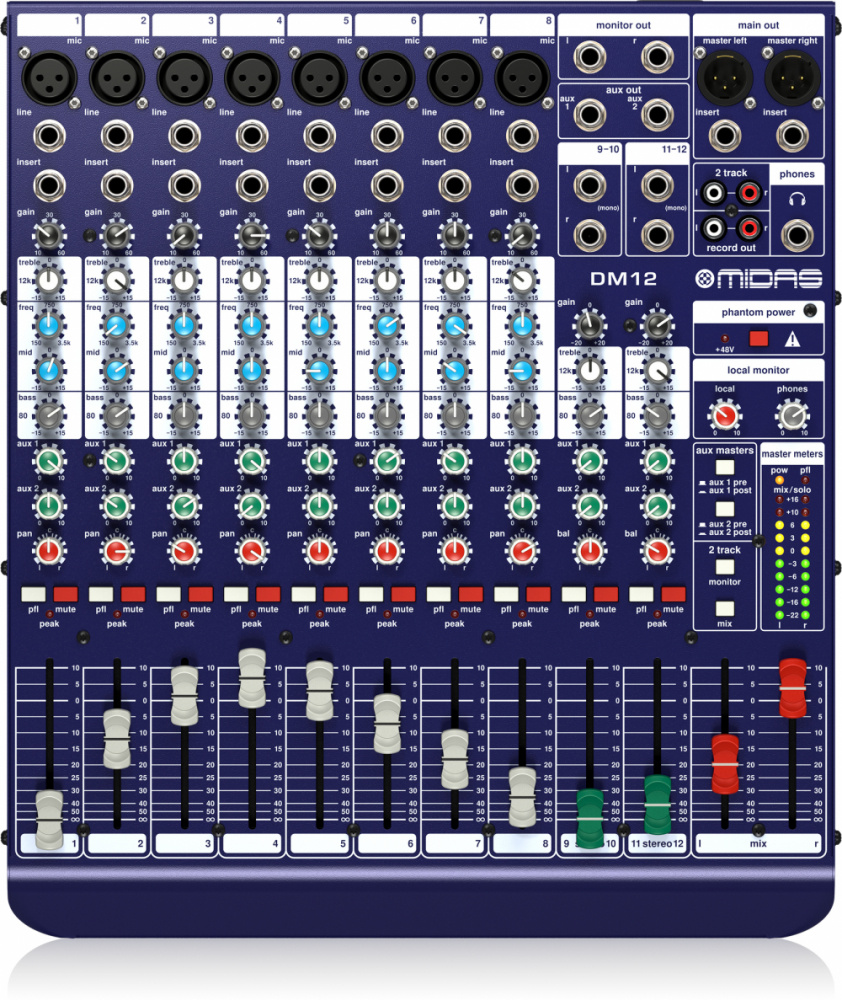 Midas Mezcladora Análoga DM12, 12 Canales, XLR/6.35mm, 40W