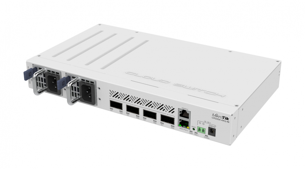 Switch MikroTik CRS504-4XQ-IN, 1 Puertos Fast Ethernet 10/100 1 x No disponible No disponible, 4 Puertos QSFP28, 800 Gbit/s, 32000 Entradas, Administrado