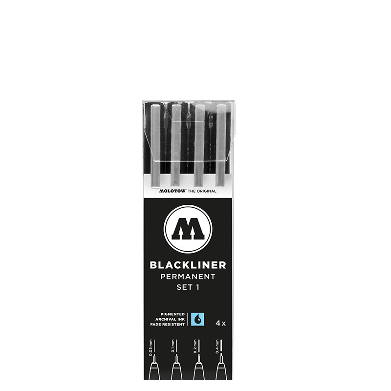 Molotow Set de Estilógrafos Blackliner Permanent Set 1, 0.05/0.1/0.2 /0.4mm, Negro, 4 Piezas
