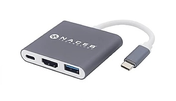 Naceb Hub USB 3.0 Macho - 1x USB 3.2/1x HDMI/USB C Hembra, 5 Gbit/s, Gris/Blanco