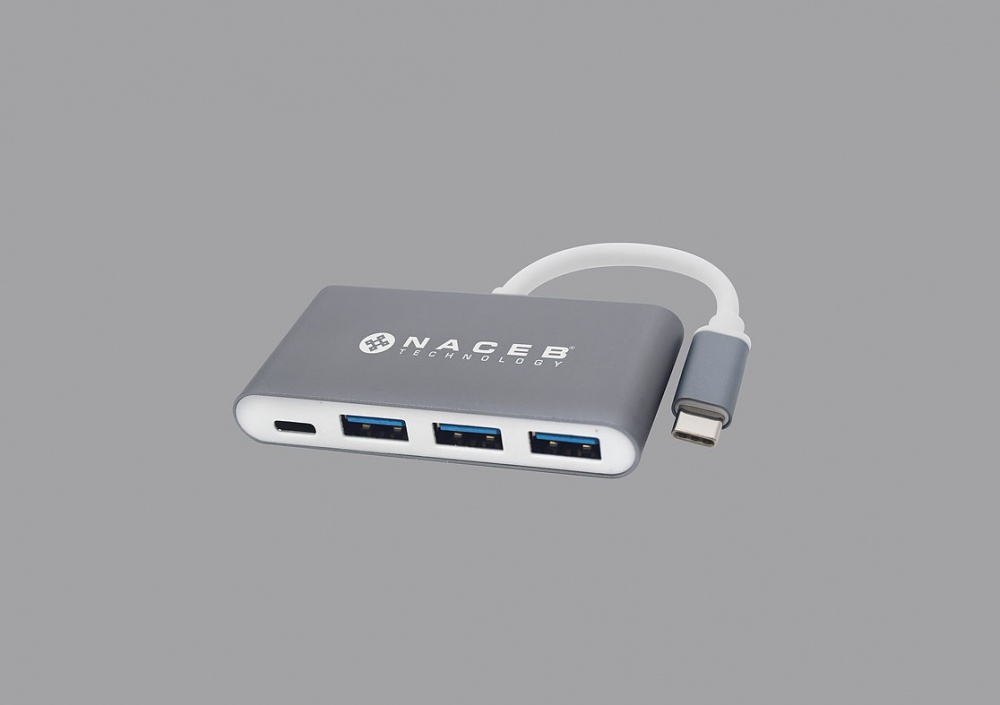 Naceb Hub USB-C Macho - 3x USB-A Hembra, 1x USB-C Hembra, Plata