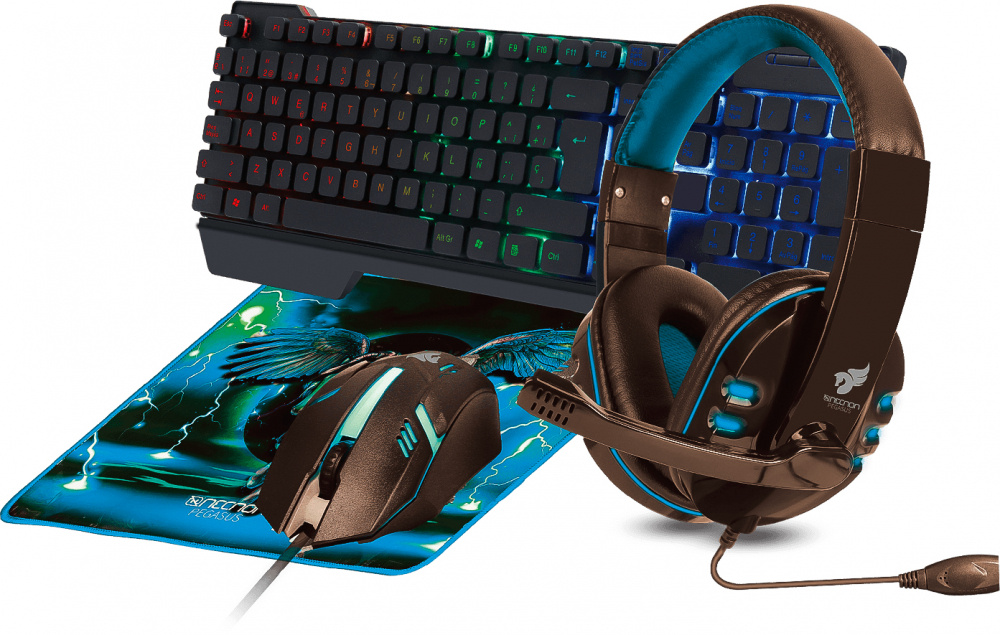 Kit Gamer de Teclado, Mouse, Diadema y Mousepad Necnon NGC-PEGASUS, Alámbrico, USB, Azul/Negro (Inglés)