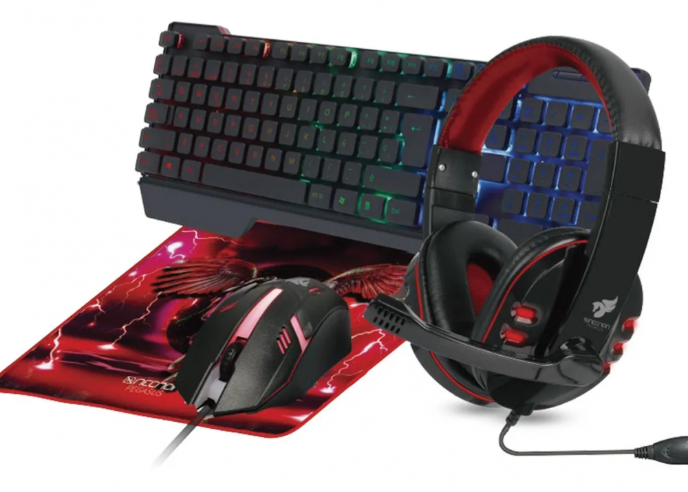 Kit Gamer de Teclado, Mouse, Diadema y Mousepad Necnon NGC-PEGASUS, Alámbrico, USB, Rojo/Negro (Inglés)