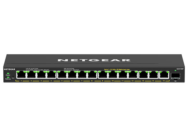 Switch Netgear Gigabit Ethernet GS316EP-100NAS, 15 Puertos PoE 10/100/1000Mbps + 1 Puerto SFP, 180W, 32 Gbit/s, 4.096 Entradas - Administrable