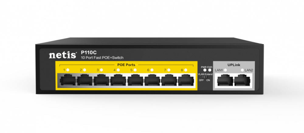Switch Netis Gigabit Ethernet P110C, 8 Puertos PoE 10/100/Mbps + 2 Puertos RJ45, 2Gbit/s, 2.000 Entradas - No Administrable