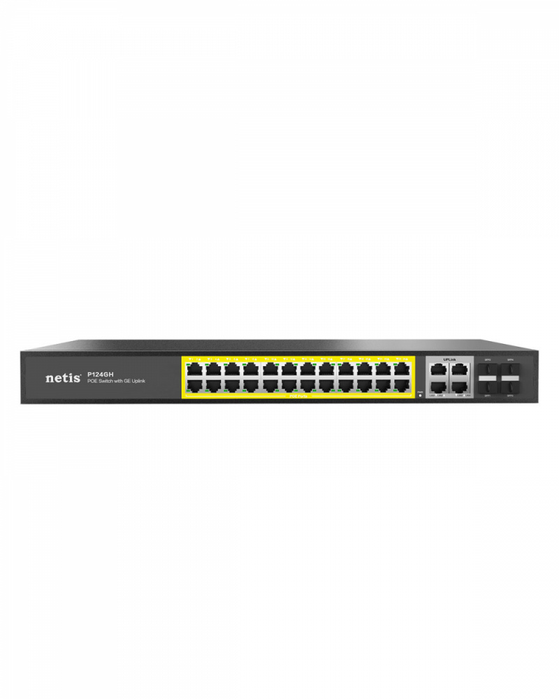 Switch Netis Gigabit Ethernet P124GH, 24 Puertos PoE 10/100/1000Mbps + 2 Puerto Uplink + 2 Puertos SFP, 320W, 12.8 Gbit/s, 16000 Entradas - No Administrable