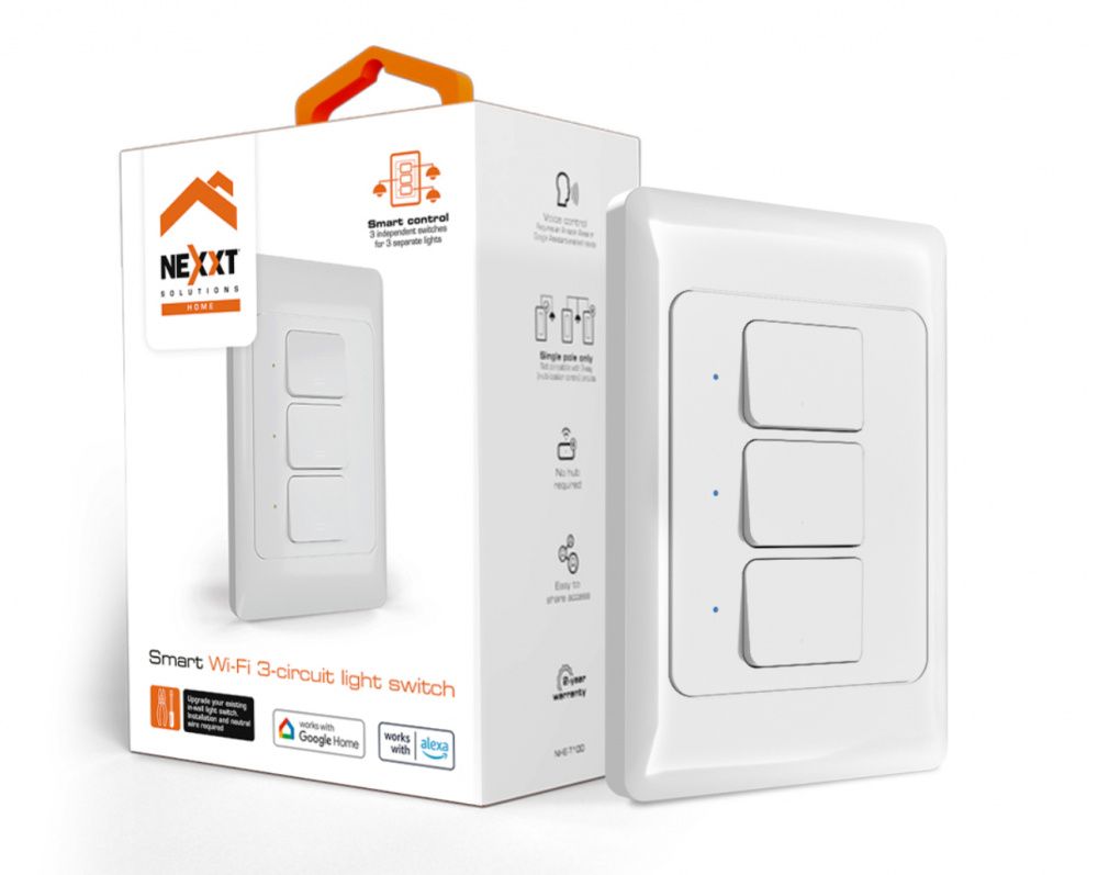 Nexxt Solutions Interruptor de Luz Inteligente NHE-T100, 3 Botones, WiFi, Blanco