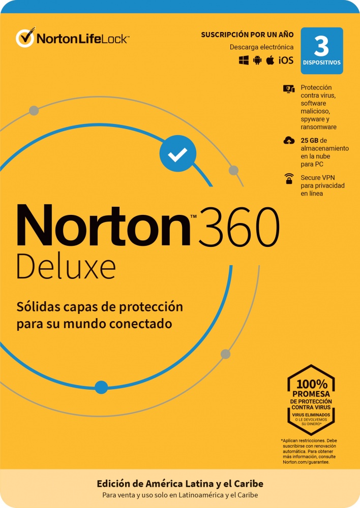 Norton 360 Deluxe/Total Security, 3 Usuarios, 1 Año, Windows/Mac ― Producto Digital Descargable