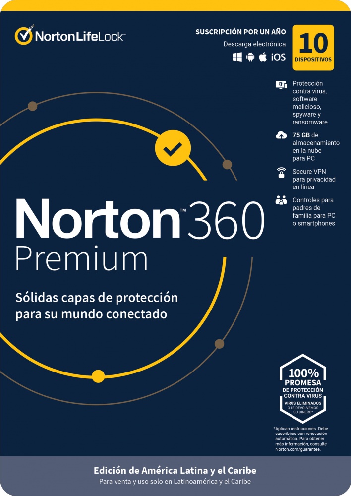 Norton 360 Premium/Total Security, 10 Dispositivos, 1 Año, Windows/Mac/Android/iOS ― Producto Digital Descargable
