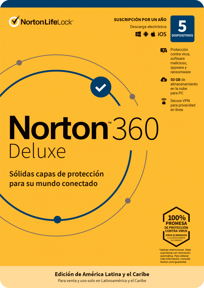 Norton 360 Deluxe/Total Security, 5 Dispositivos, 1 Año, Windows/Mac