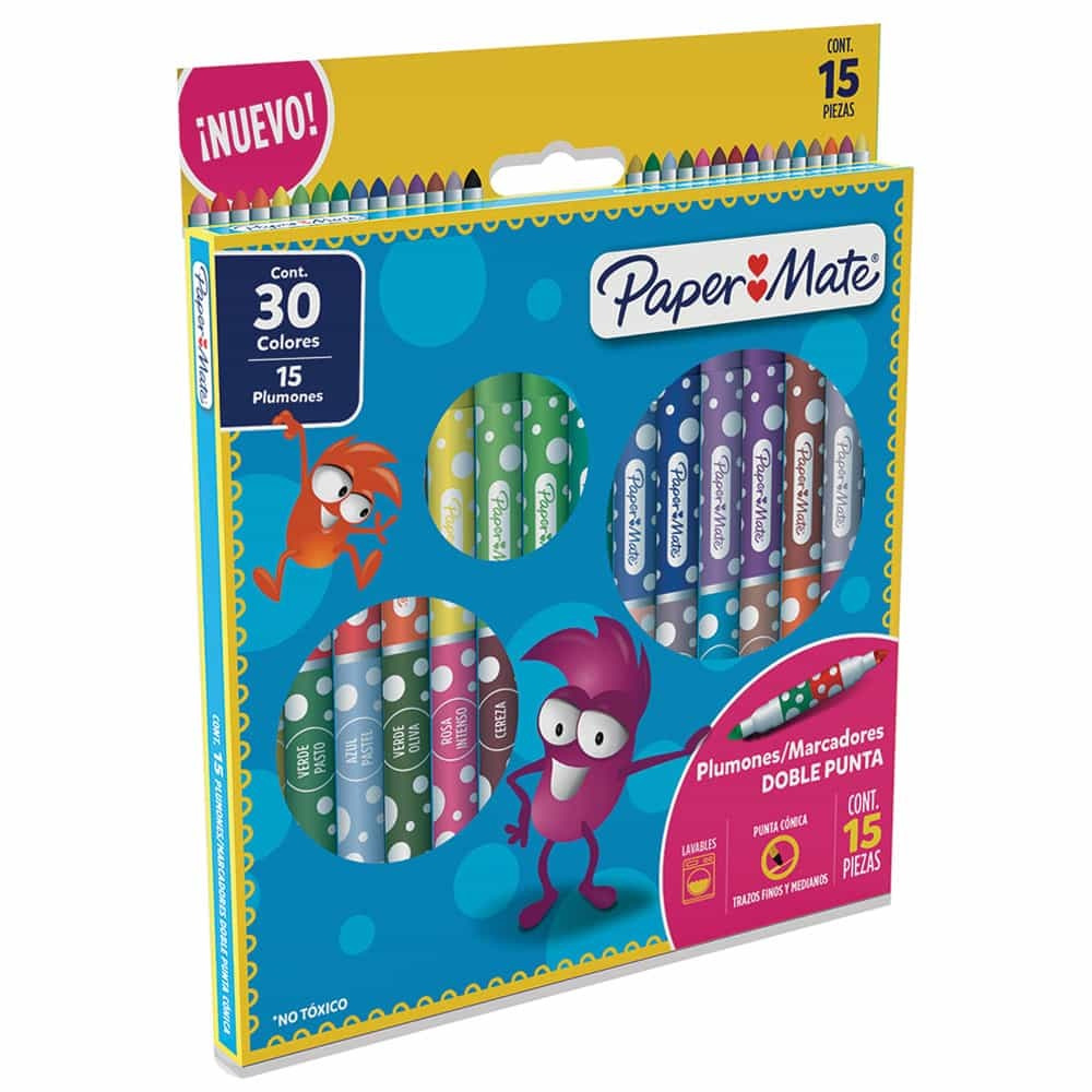 Paper Mate Plumones Doble Punta, Multicolor, 15 Piezas