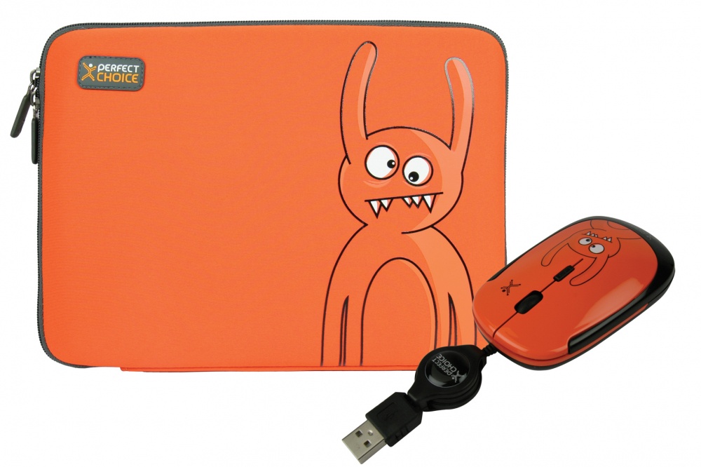 Perfect Choice Set Funda y Mouse Naranja PC-080916-00005, Funda de Neopreno 10'', Mouse Óptico