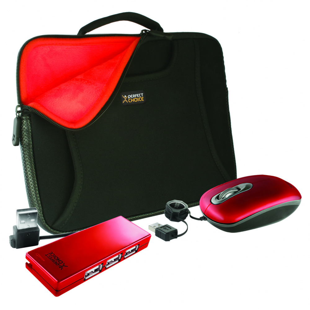 Perfect Choice Kit 3 en 1 para Netbook, Funda 10'' + Ratón + USB Hub, Negro/Rojo
