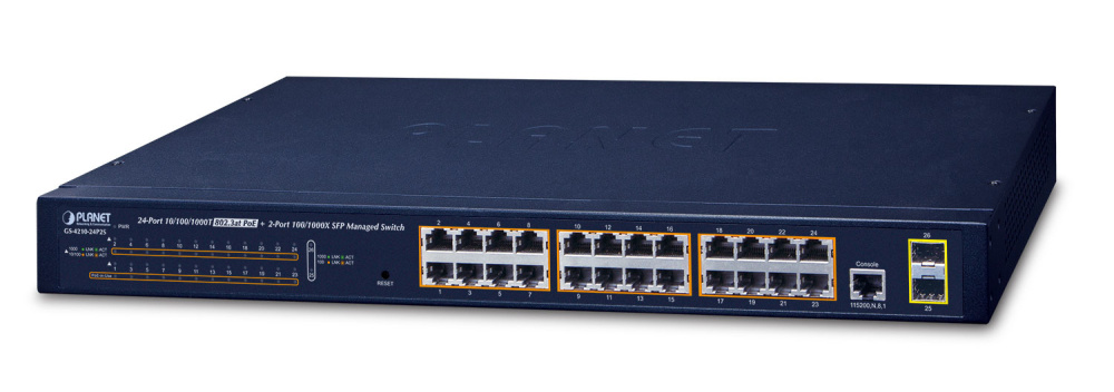 Switch Planet GS-4210-24P2S, 24 Puertos Gigabit Ethernet 10/100/1000 24 x PoE 300W, 52 Gbit/s, 8000 Entradas, Administrado