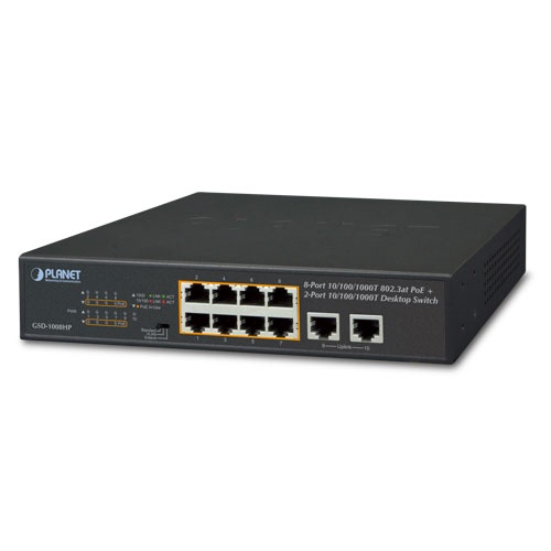 Switch Planet Gigabit Ethernet GSD-1008HP, 8 Puertos PoE 10/100/1000 + 2 Puertos Uplink, 20Gbit/s, 2000 Entradas - No Administrable