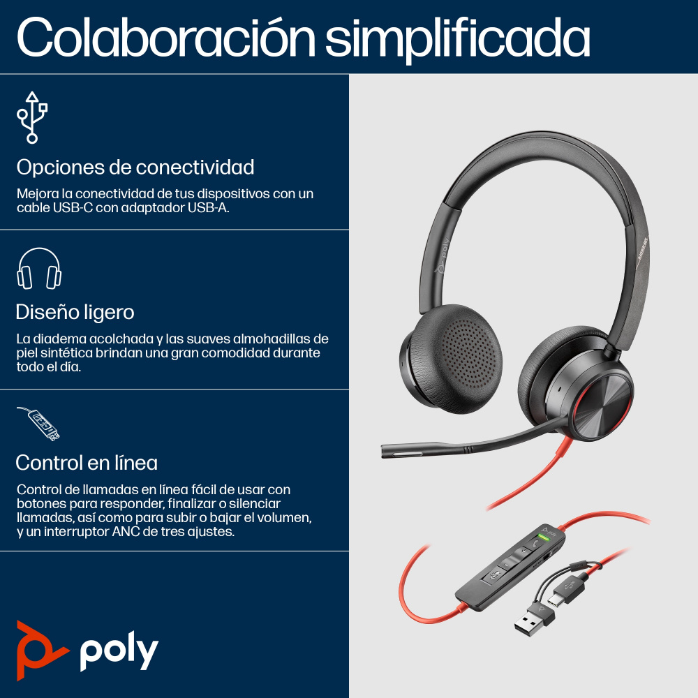Poly Audífonos Blackwire 8225, Alámbrico, USB 