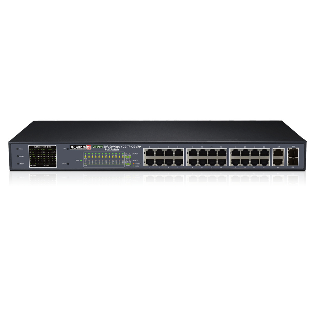 Switch Provision-ISR Fast Ethernet PoES-24370CL+2G+2SFP, 24 puertos PoE 10/100 + 2x RJ45 + 2 Puertos SFP, 8000 Entradas