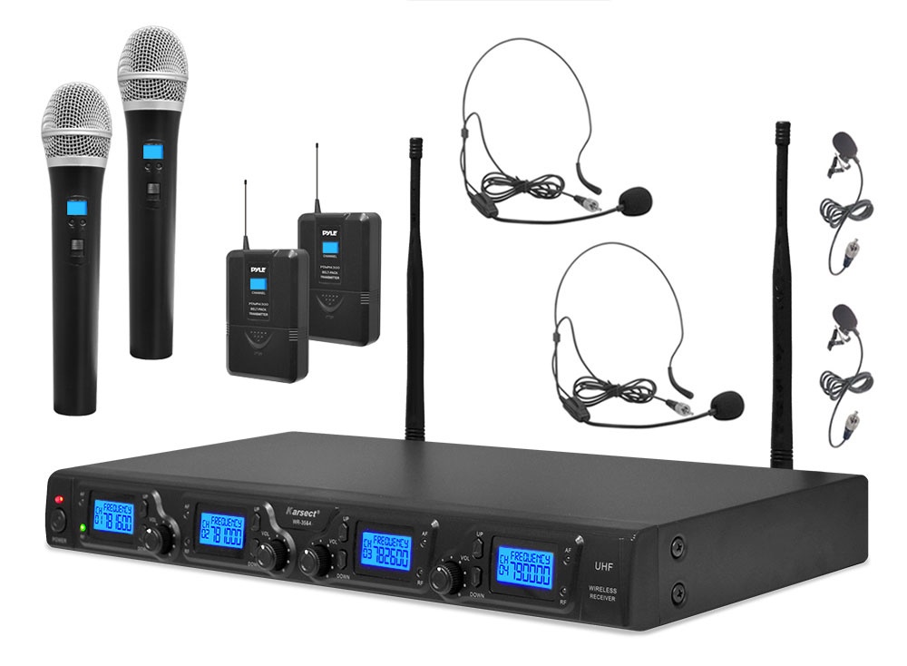Pyle Micrófono PDWM4350U, Inalámbrico - incluye 2 Micrófonos de Mano, 2 Micrófonos de Diadema y 2 Micrófonos de Solapa