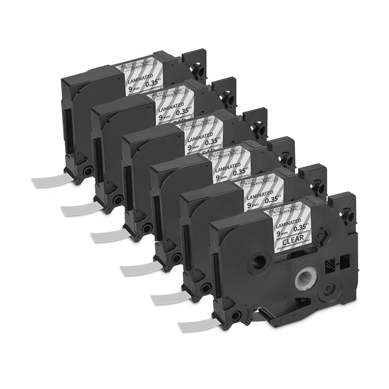 Qian Cinta QZe-121 Negro sobre Transparente, Transferencia Térmica, 9 mm x 8 Metros, 6 Piezas