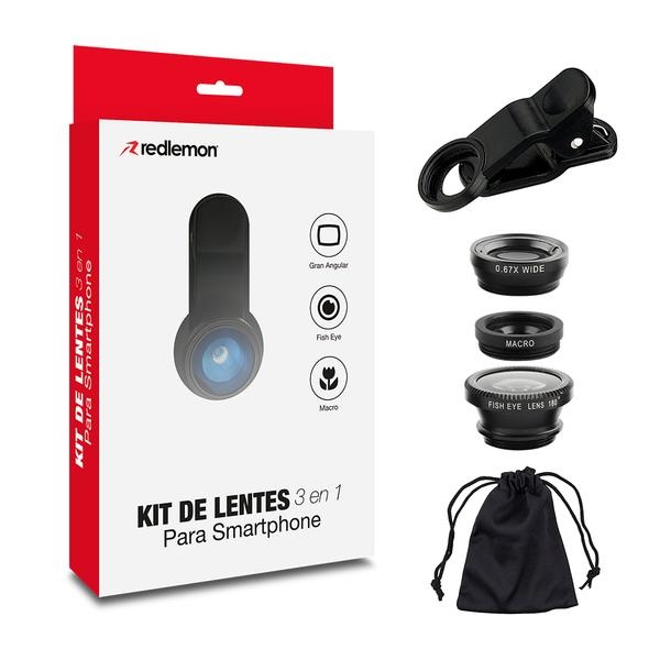 Redlemon Kit de Lentes 3 en 1 67714-Bl, para Celular y Tablet, Negro, 3 Piezas
