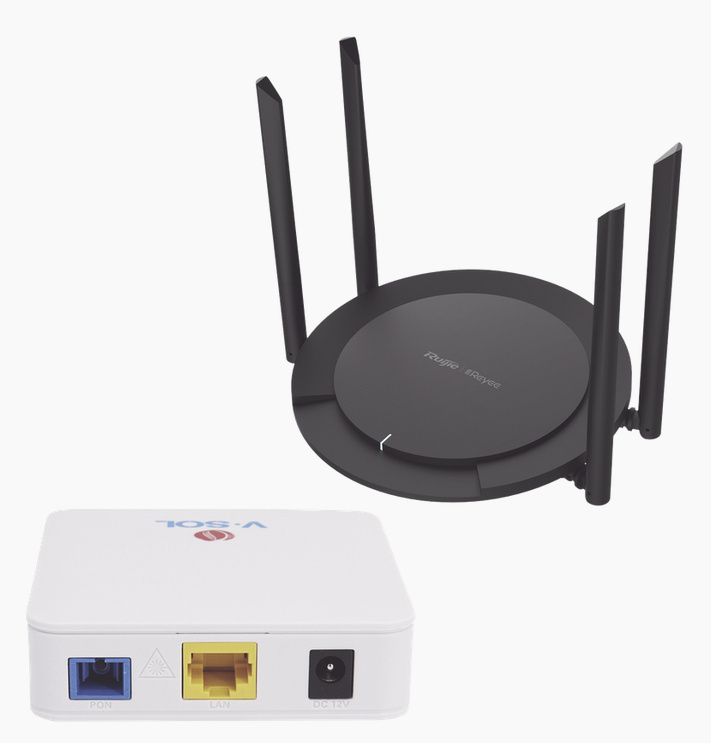 Ruijie Router KIT2-VPON-WIFI MU-MIMO, Wi-Fi 6, 4 x RJ-45 300 Mbit/s WLAN, Inalámbrico, Banda 2.4 GHz, 4 Antenas Externas, de 4 dBi 
